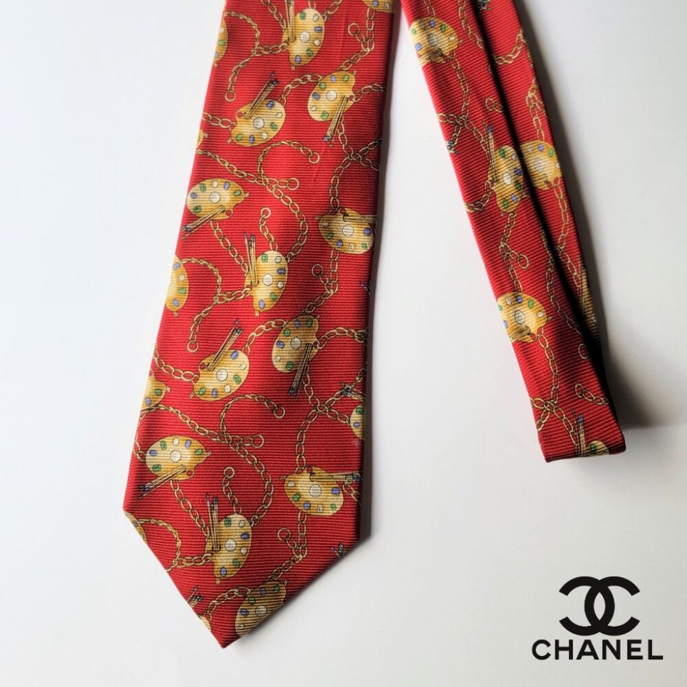 CHANEL Men's Vintage Tie 100% Silk Made in Italy Red Painters Palette Authentic